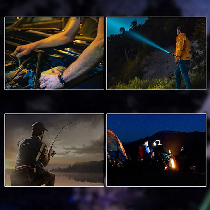 "Ultraljus vit laser ficklampa med justerbart zoomhuvud, silverfärgad, perfekt för långdistansbelysning i mörker."