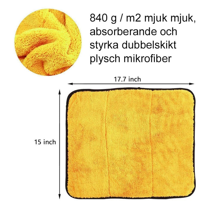 "Ultraplysch bilpoleringsduk, dubbelsidig mikrofiber, mjuk och absorberande, repfri finish för bilens ytor."