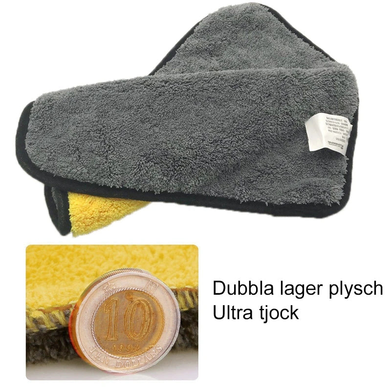 "Ultraplysch bilpoleringsduk, dubbelsidig mikrofiber, mjuk och absorberande, repfri finish för bilens ytor."