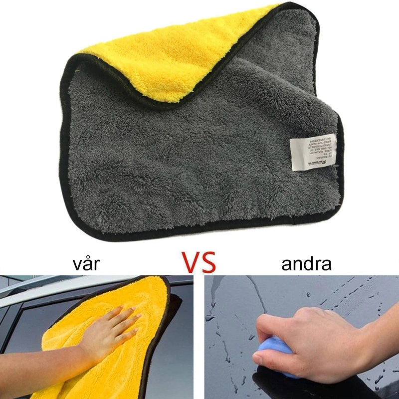 "Ultraplysch bilpoleringsduk, dubbelsidig mikrofiber, mjuk och absorberande, repfri finish för bilens ytor."