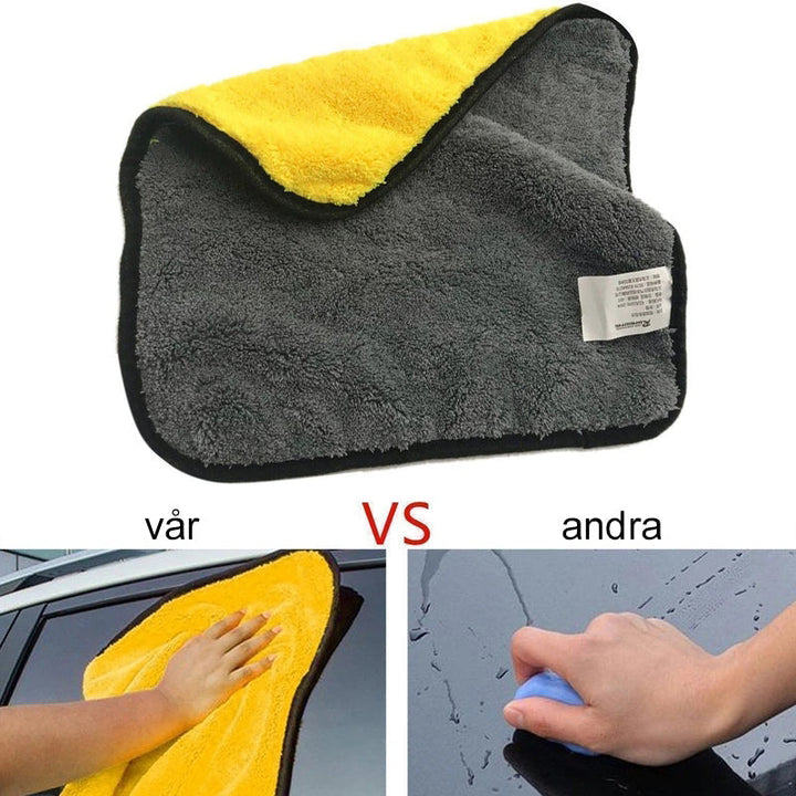 "Ultraplysch bilpoleringsduk, dubbelsidig mikrofiber, mjuk och absorberande, repfri finish för bilens ytor."