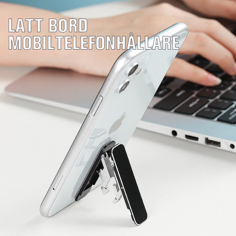 Ultratunn justerbar telefonstativ i aluminium, minimalistisk design, bärbar och vikbar för handsfree-koll på mobilen.