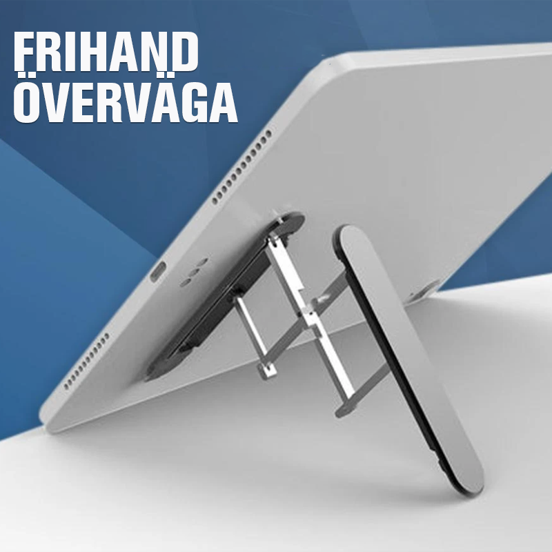 Ultratunn justerbar telefonstativ i aluminium, minimalistisk design, bärbar och vikbar för handsfree-koll på mobilen.