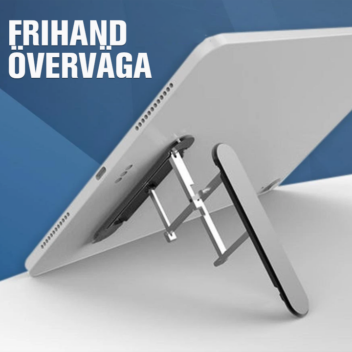 Ultratunn justerbar telefonstativ i aluminium, minimalistisk design, bärbar och vikbar för handsfree-koll på mobilen.