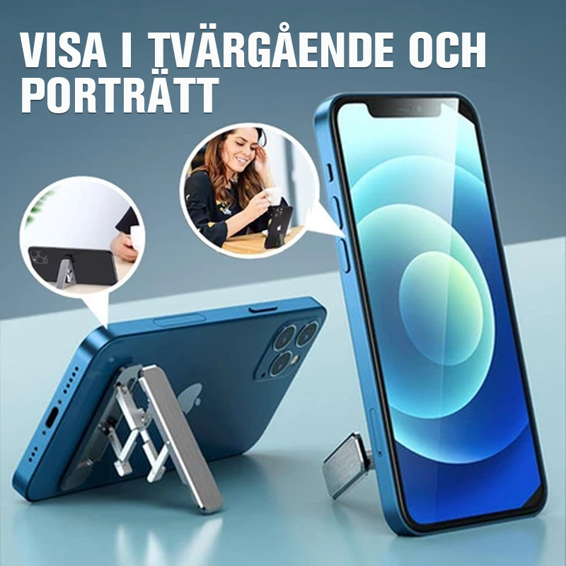 Ultratunn justerbar telefonstativ i aluminium, minimalistisk design, bärbar och vikbar för handsfree-koll på mobilen.