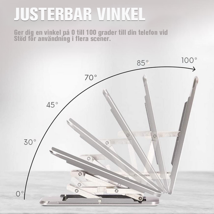 Ultratunn justerbar telefonstativ i aluminium, minimalistisk design, bärbar och vikbar för handsfree-koll på mobilen.
