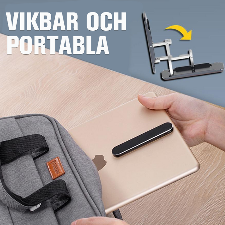 Ultratunn justerbar telefonstativ i aluminium, minimalistisk design, bärbar och vikbar för handsfree-koll på mobilen.