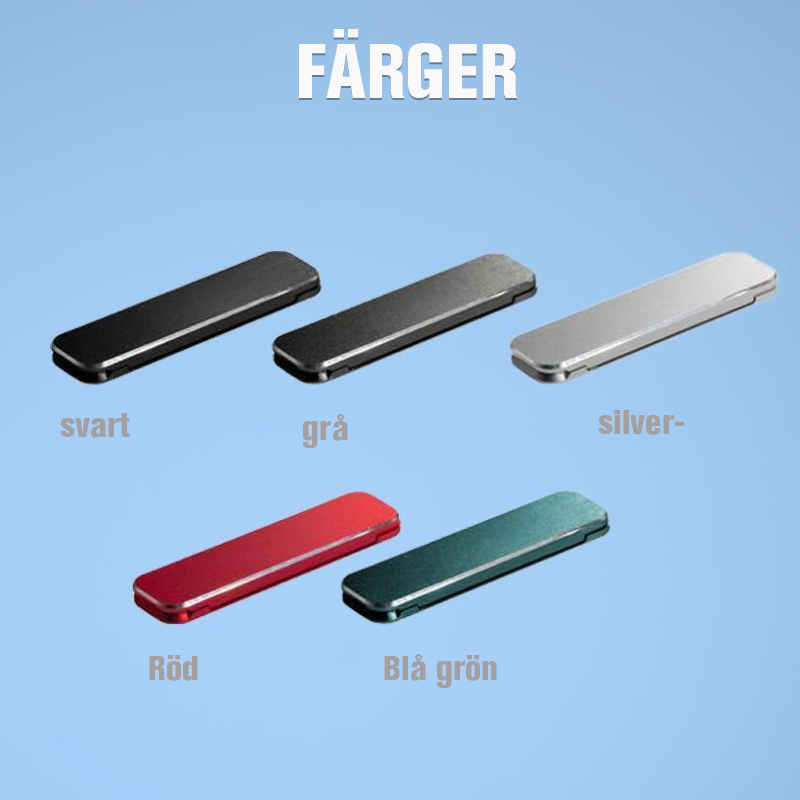 Ultratunn justerbar telefonstativ i aluminium, minimalistisk design, bärbar och vikbar för handsfree-koll på mobilen.
