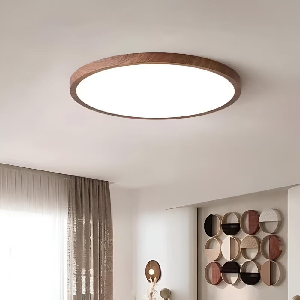 Ultratunn LED taklampa i valnötsträ, modern design för heminredning.