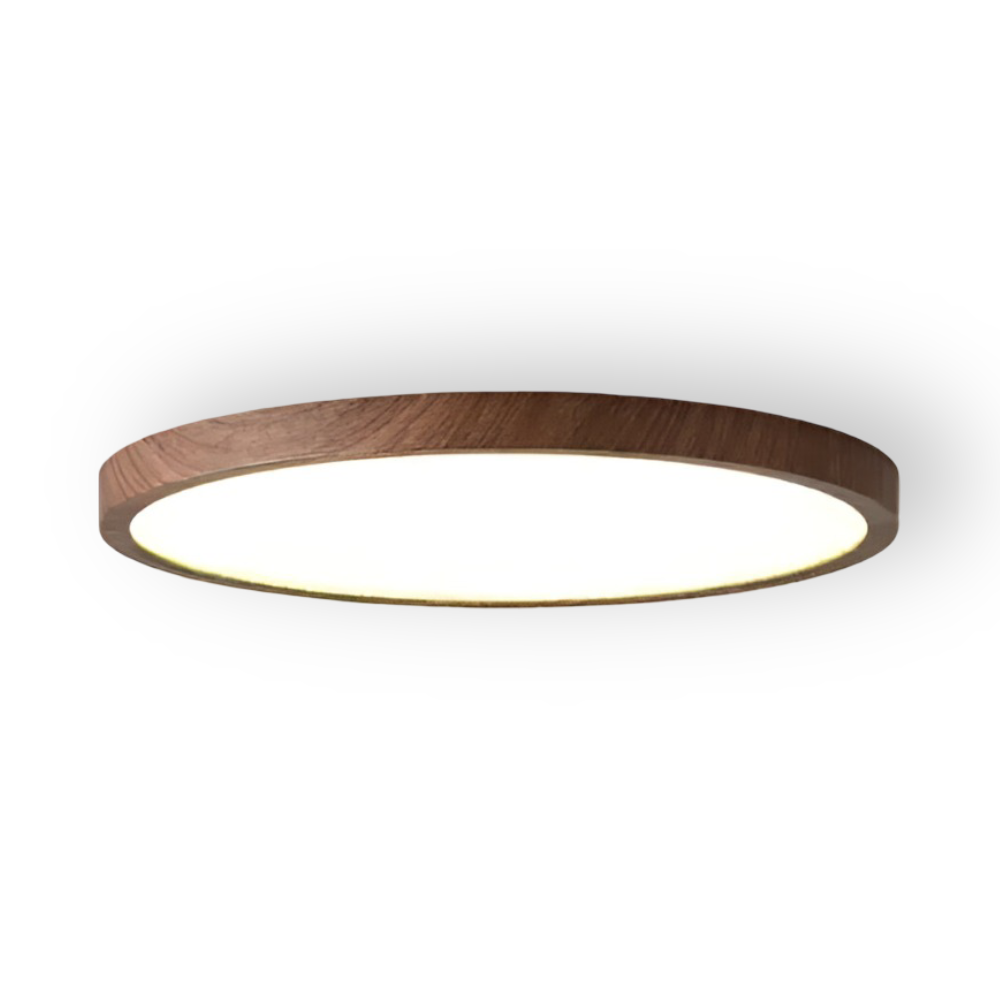 Rund LED taklampa i valnötsträ, idealisk som energisnål inomhuslampa i kontor eller kök.