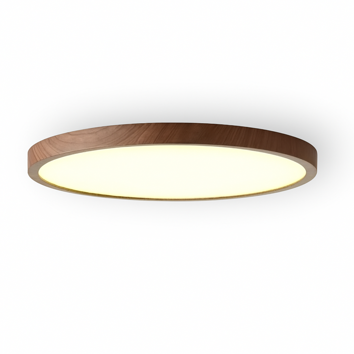 Stilren, ultratunn LED taklampa i valnötsträ för modern heminredning och smart rumsbelysning.