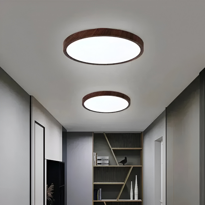Modern ultratunn LED taklampa i valnötsträ för vardagsrum, kök eller kontor.