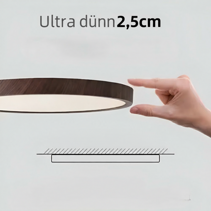 Slimmad, rund LED taklampa i äkta valnötsträ, perfekt för lågtakslampa.