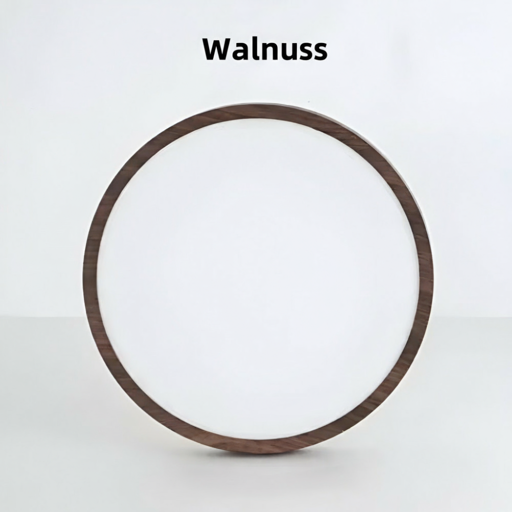 Energisnål LED taklampa med minimalistisk design i valnötsträ för effektiv belysning.