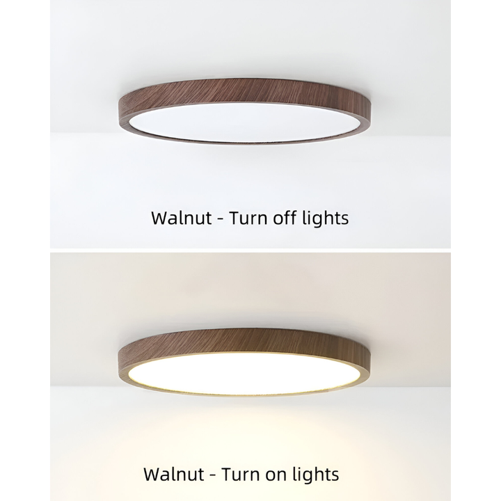 LED taklampa i valnötsträ monterad i ett modernt vardagsrum, sprider varm belysning.