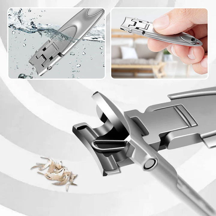 "Ultratunn portabel nagelklippare i rostfritt stål med smal och ergonomisk design, silverfärgad med en matt finish."