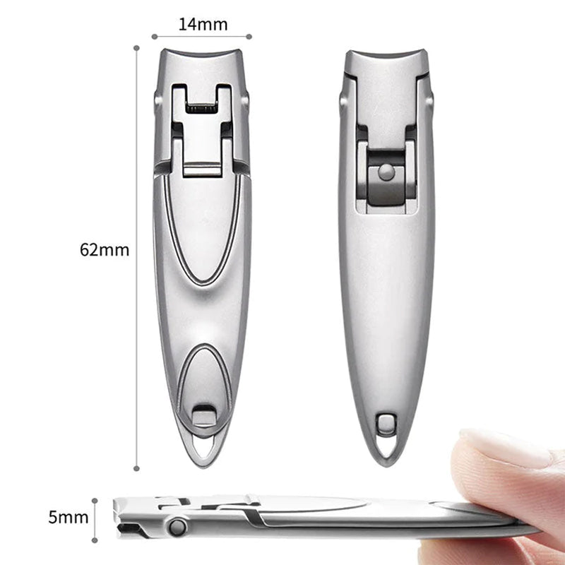 "Ultratunn portabel nagelklippare i rostfritt stål med smal och ergonomisk design, silverfärgad med en matt finish."