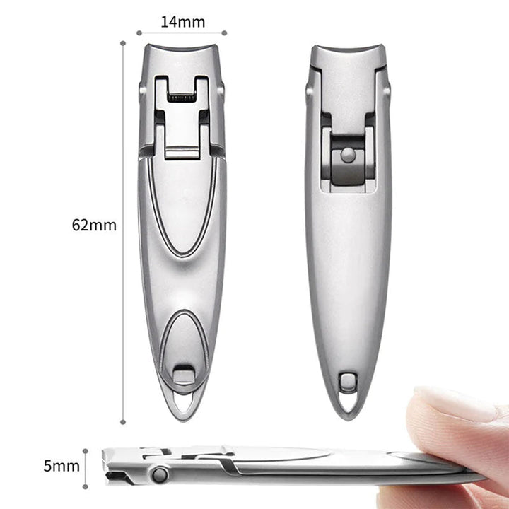 "Ultratunn portabel nagelklippare i rostfritt stål med smal och ergonomisk design, silverfärgad med en matt finish."