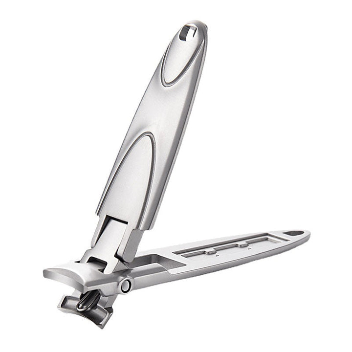 "Ultratunn portabel nagelklippare i rostfritt stål med smal och ergonomisk design, silverfärgad med en matt finish."