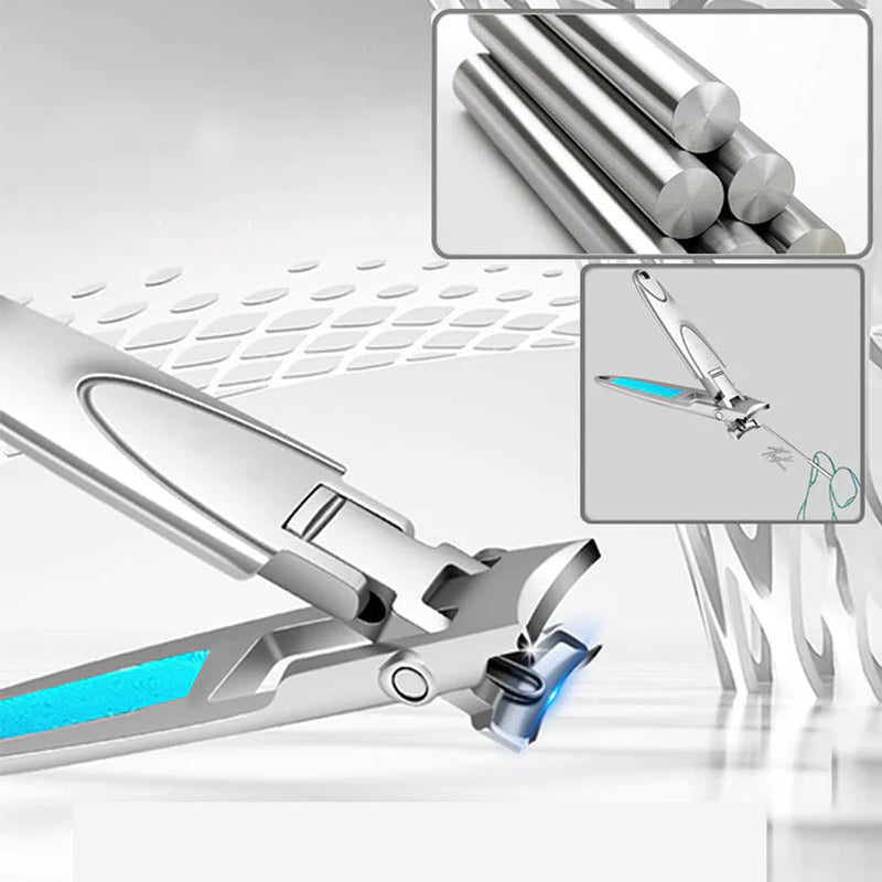 "Ultratunn portabel nagelklippare i rostfritt stål med smal och ergonomisk design, silverfärgad med en matt finish."