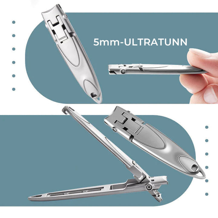 "Ultratunn portabel nagelklippare i rostfritt stål med smal och ergonomisk design, silverfärgad med en matt finish."