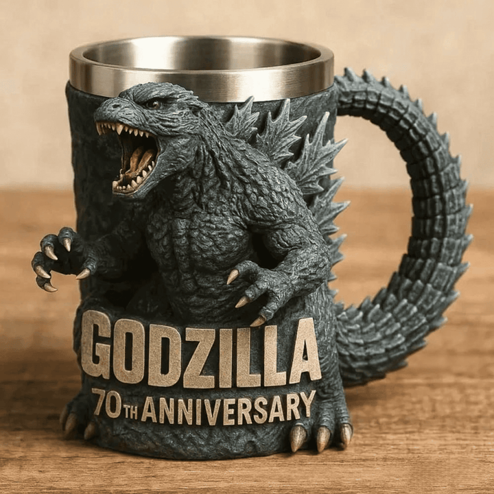 Detaljbild av 3D monstermuggens unika resintextur, visar Godzilla-inspirerat tema för samlare.