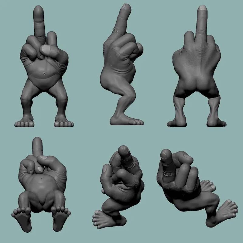"Unik blå/grå långfingerfigur i harts, perfekt som humoristisk dekoration för skrivbord eller bokhylla."