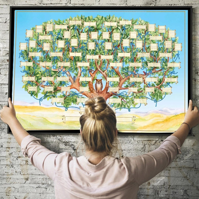 "Unikt släktträdsdiagram med uggla och grönt trädmotiv, idealisk för familjehistorik och personlig dekoration."