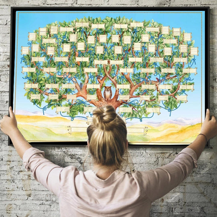 "Unikt släktträdsdiagram med uggla och grönt trädmotiv, idealisk för familjehistorik och personlig dekoration."