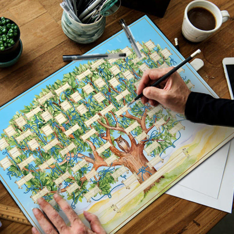 "Unikt släktträdsdiagram med uggla och grönt trädmotiv, idealisk för familjehistorik och personlig dekoration."