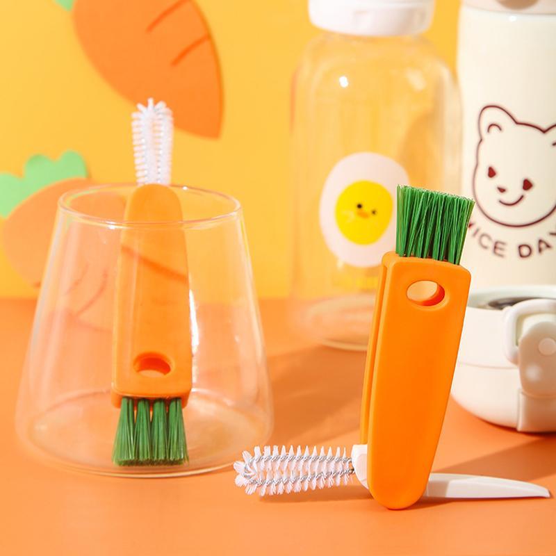 "Unisex 3-i-1 flasklockrengöringsborste för enkel rengöring, vit och orange, med smart förvaringshål och spiralborste."
