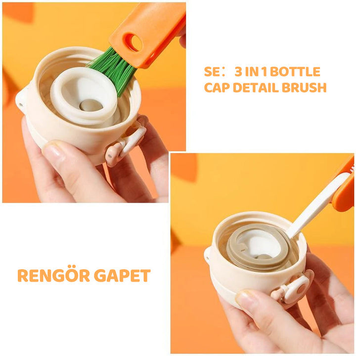 "Unisex 3-i-1 flasklockrengöringsborste för enkel rengöring, vit och orange, med smart förvaringshål och spiralborste."