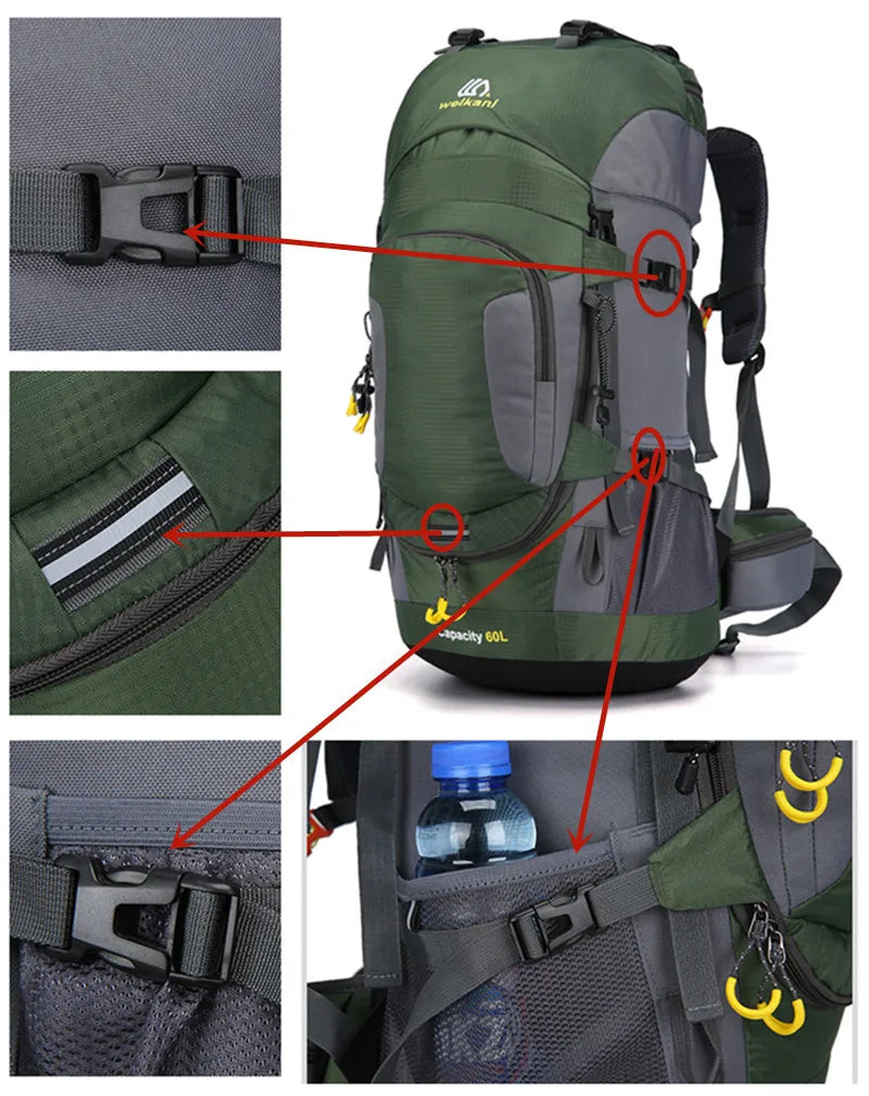 Reseryggsäck 60L, vattentät och bekväm för unisex äventyrare. Perfekt för packning och utomhusbruk.