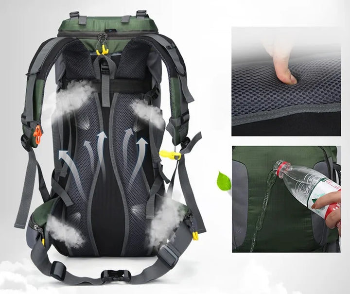Outdoor 60L ryggsäck, vattentät för vandring, camping och äventyr. Hållbar unisex utrustning.