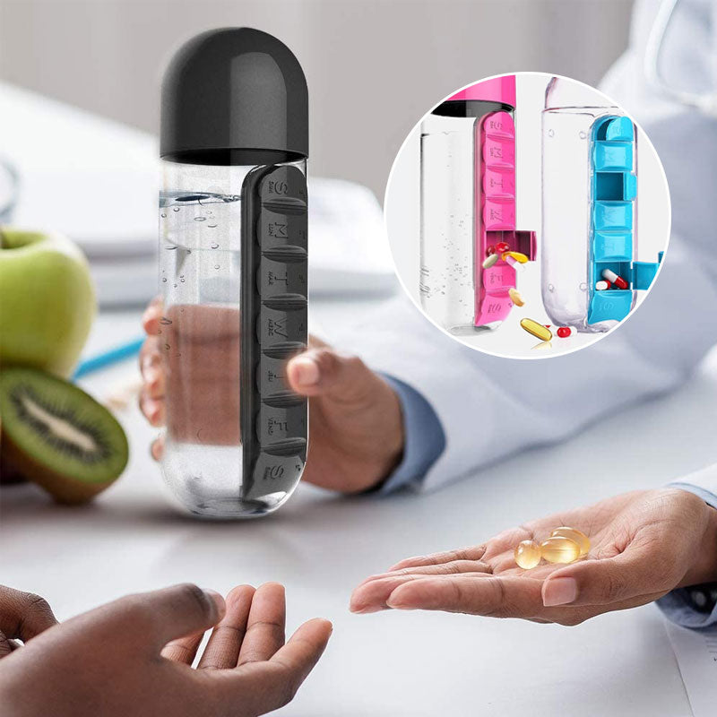 "Unisex 7-dagars pillerkopp med inbyggd organisator, transparent design och färgade sektioner för enkel medicinförvaring."