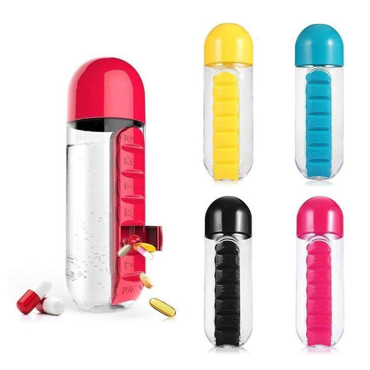 "Unisex 7-dagars pillerkopp med inbyggd organisator, transparent design och färgade sektioner för enkel medicinförvaring."