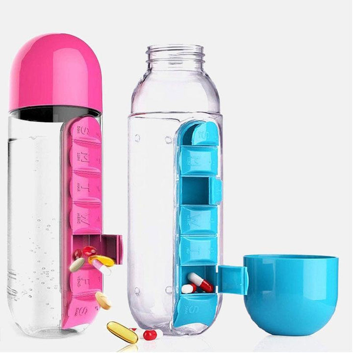 "Unisex 7-dagars pillerkopp med inbyggd organisator, transparent design och färgade sektioner för enkel medicinförvaring."