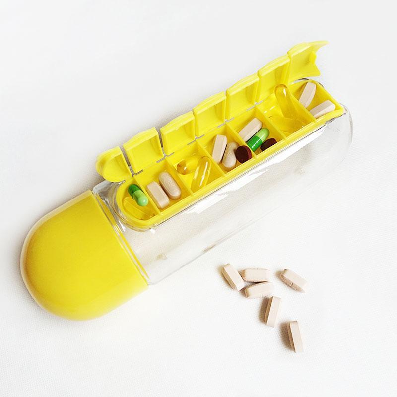 "Unisex 7-dagars pillerkopp med inbyggd organisator, transparent design och färgade sektioner för enkel medicinförvaring."