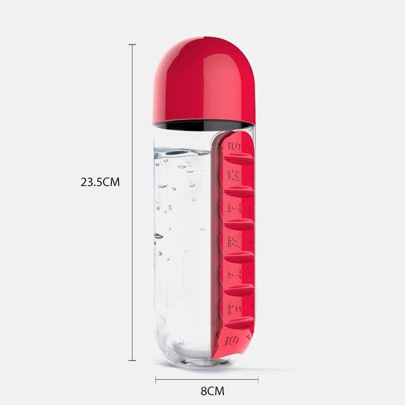 "Unisex 7-dagars pillerkopp med inbyggd organisator, transparent design och färgade sektioner för enkel medicinförvaring."