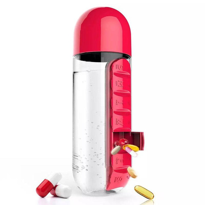 "Unisex 7-dagars pillerkopp med inbyggd organisator, transparent design och färgade sektioner för enkel medicinförvaring."