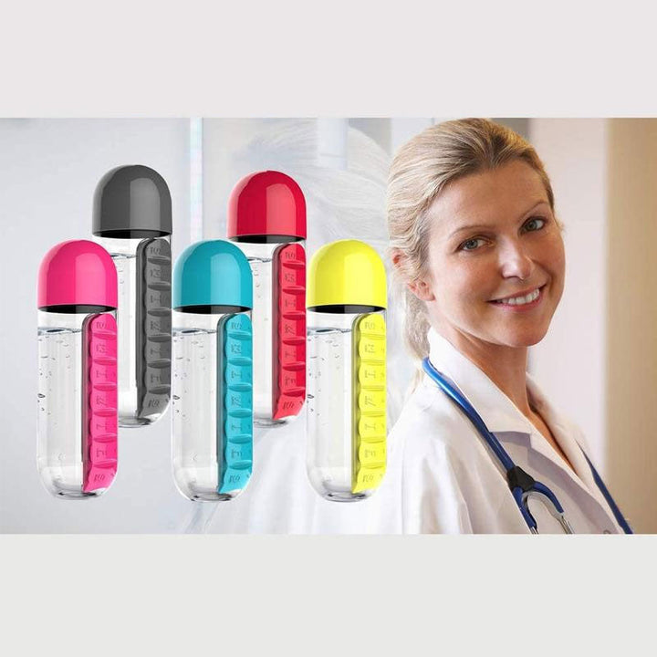 "Unisex 7-dagars pillerkopp med inbyggd organisator, transparent design och färgade sektioner för enkel medicinförvaring."