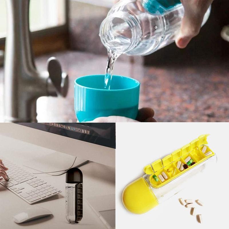 "Unisex 7-dagars pillerkopp med inbyggd organisator, transparent design och färgade sektioner för enkel medicinförvaring."