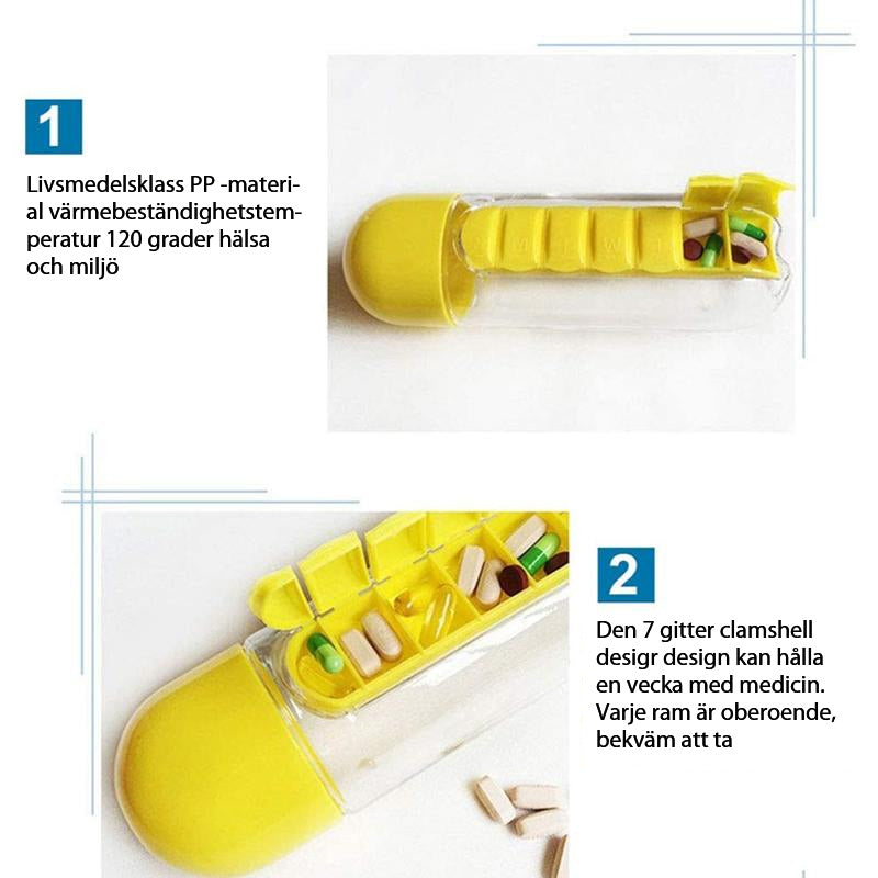 "Unisex 7-dagars pillerkopp med inbyggd organisator, transparent design och färgade sektioner för enkel medicinförvaring."