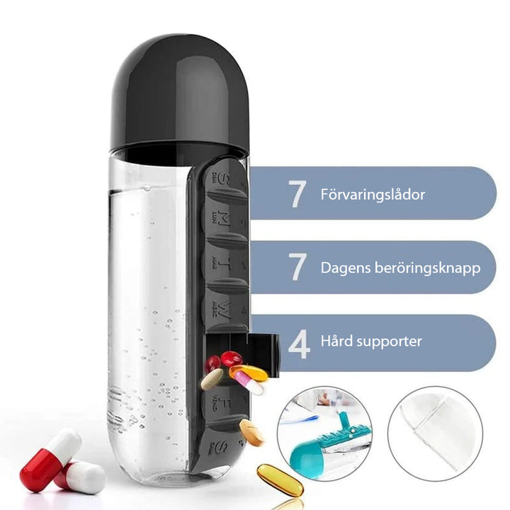 "Unisex 7-dagars pillerkopp med inbyggd organisator, transparent design och färgade sektioner för enkel medicinförvaring."