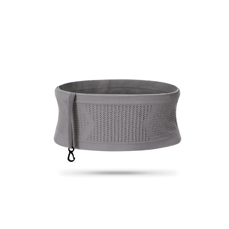 "Unisex andningsbar stickad midjeväska i grått, ergonomisk design med fyra flexibla fickor och justerbart bälte för sport."