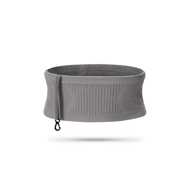 "Unisex andningsbar stickad midjeväska i grått, ergonomisk design med fyra flexibla fickor och justerbart bälte för sport."
