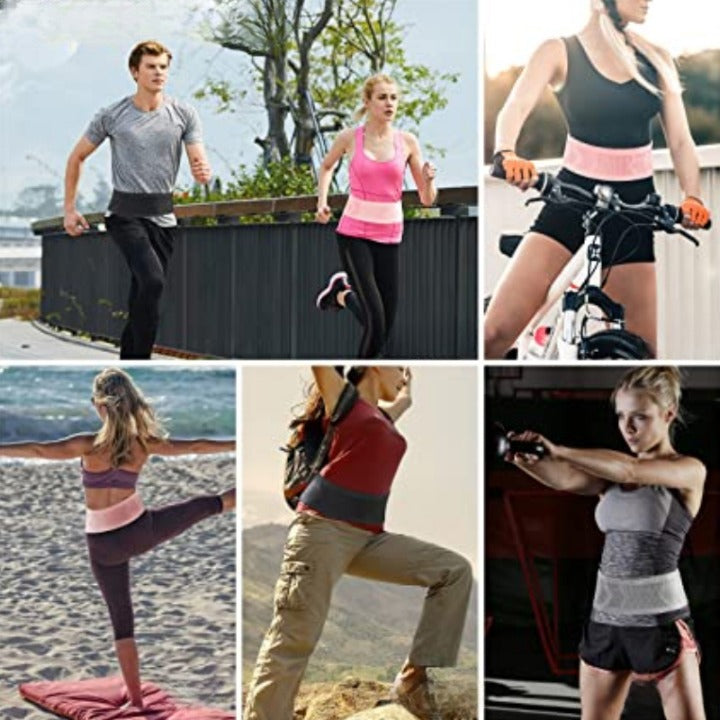 "Unisex andningsbar stickad midjeväska i grått, ergonomisk design med fyra flexibla fickor och justerbart bälte för sport."