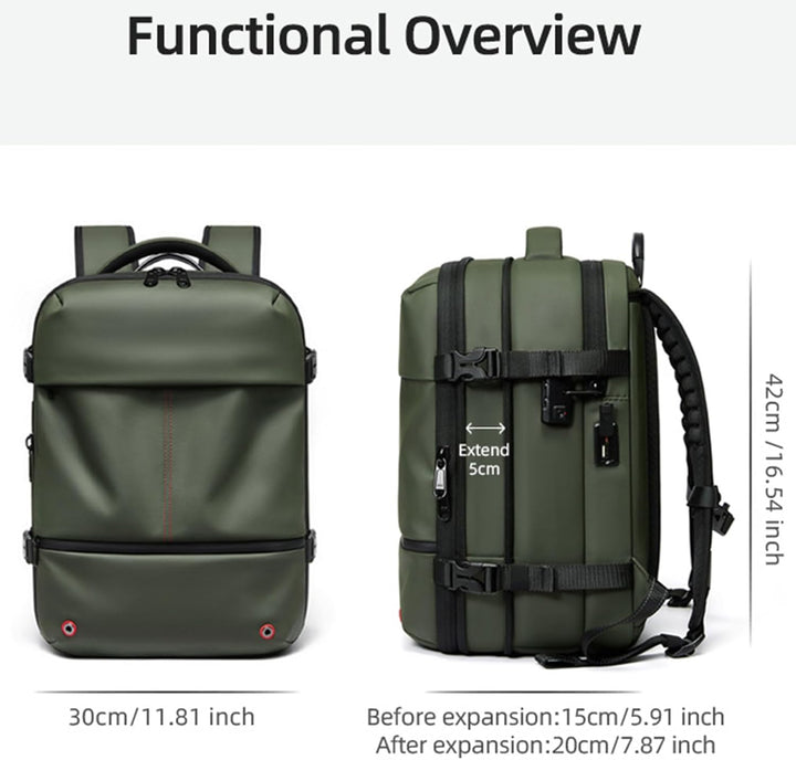 Effektiv packning med Arvid reseryggsäck. Expanderbar, vattentät, unisex, med vakuumkompressionssystem.