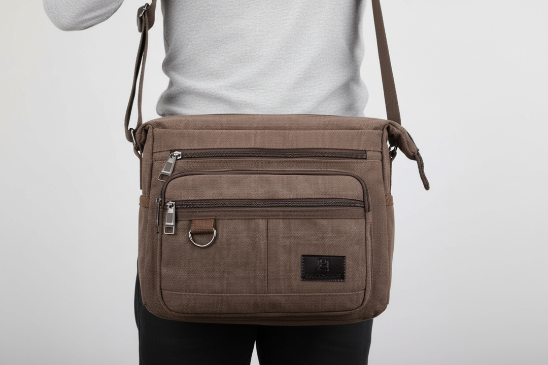 Elegant unisex axelväska med RFID-skydd. Slitstark canvas och rymliga fack för organiserad vardag.