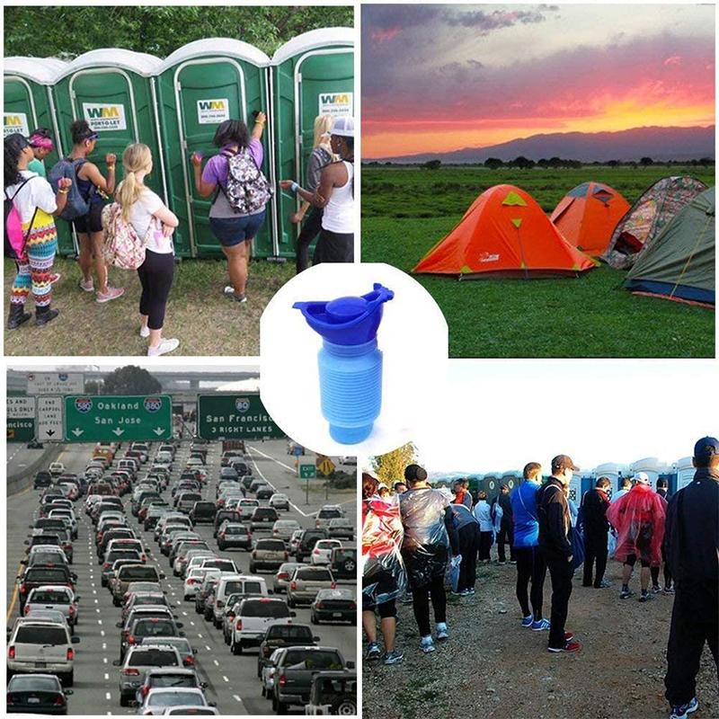 "Unisex bärbar urinoar kissflaska i blått, kompakt format, perfekt för resor och camping, 750 ml kapacitet."